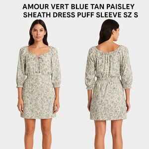 Amour Vert Blue Tan Paisley Sheath Dress Puff Sleeve Sz S